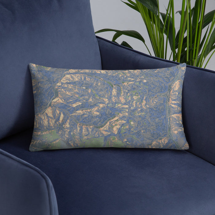 Custom Mount Eolus Colorado Map Throw Pillow in Afternoon on Blue Colored Chair