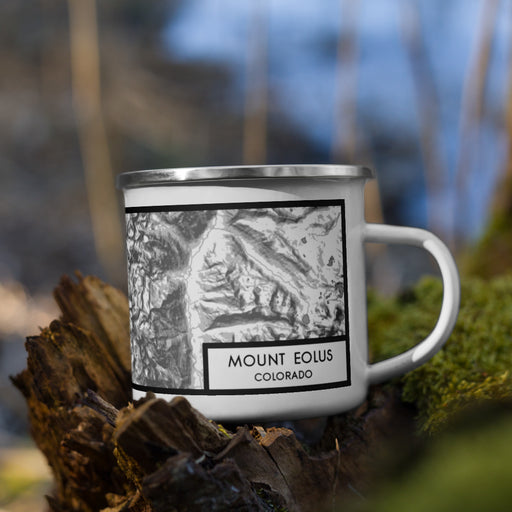Right View Custom Mount Eolus Colorado Map Enamel Mug in Classic on Grass With Trees in Background