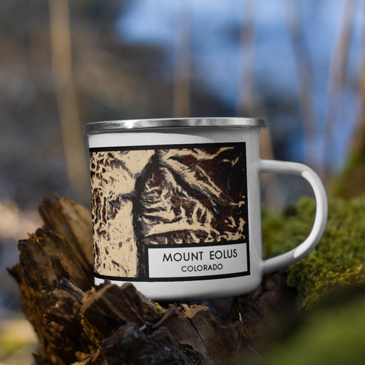 Right View Custom Mount Eolus Colorado Map Enamel Mug in Ember on Grass With Trees in Background