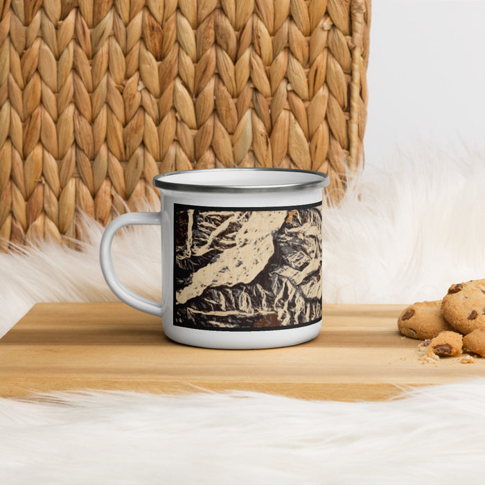 Left View Custom Mount Eolus Colorado Map Enamel Mug in Ember on Table Top