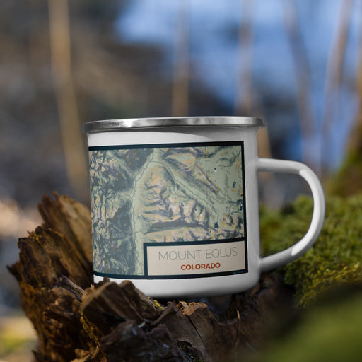 Right View Custom Mount Eolus Colorado Map Enamel Mug in Woodblock on Grass With Trees in Background