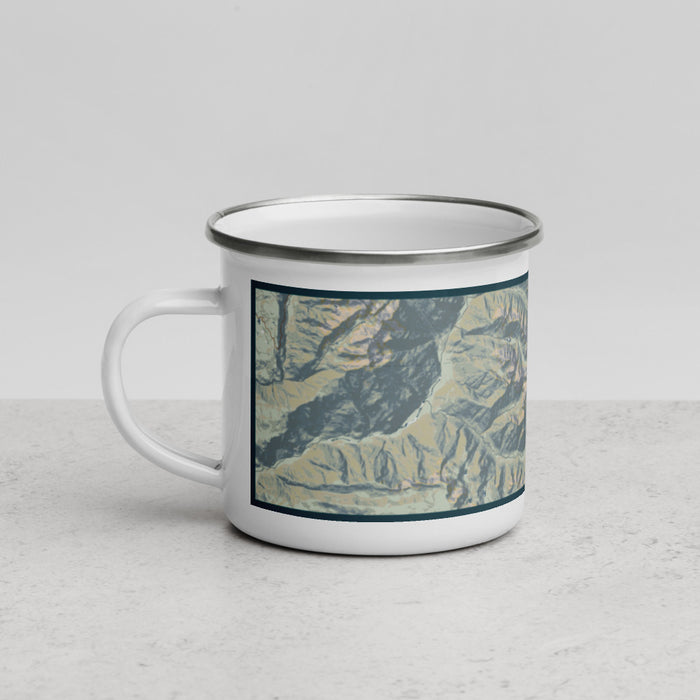 Left View Custom Mount Eolus Colorado Map Enamel Mug in Woodblock