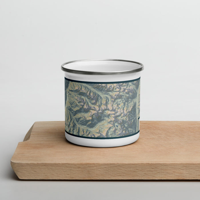 Front View Custom Mount Eolus Colorado Map Enamel Mug in Woodblock on Cutting Board