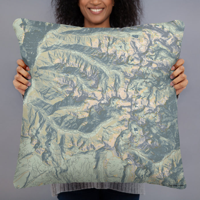 Person holding 22x22 Custom Mount Eolus Colorado Map Throw Pillow in Woodblock