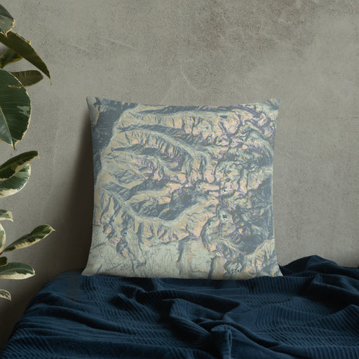 Custom Mount Eolus Colorado Map Throw Pillow in Woodblock on Bedding Against Wall