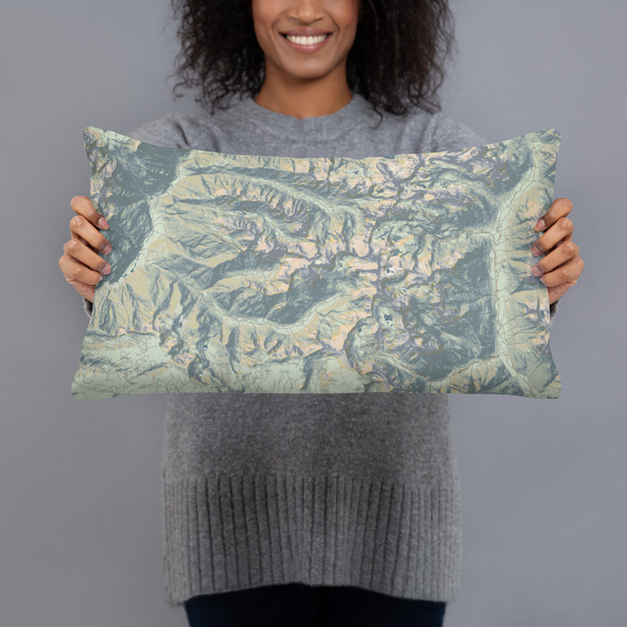 Person holding 20x12 Custom Mount Eolus Colorado Map Throw Pillow in Woodblock