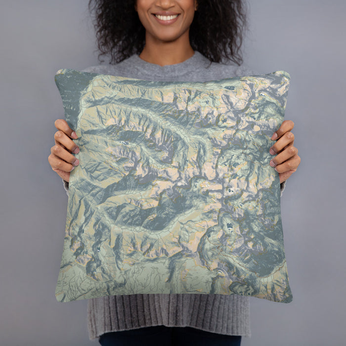 Person holding 18x18 Custom Mount Eolus Colorado Map Throw Pillow in Woodblock