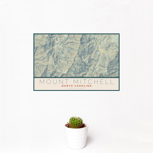 12x18 Mount Mitchell North Carolina Map Print Landscape Orientation in Woodblock Style With Small Cactus Plant in White Planter