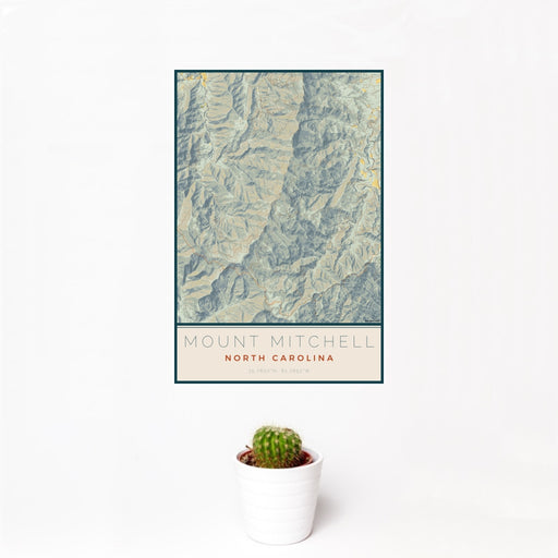 12x18 Mount Mitchell North Carolina Map Print Portrait Orientation in Woodblock Style With Small Cactus Plant in White Planter