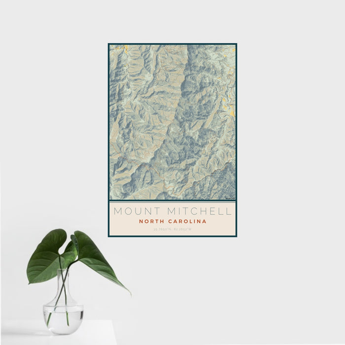 16x24 Mount Mitchell North Carolina Map Print Portrait Orientation in Woodblock Style With Tropical Plant Leaves in Water