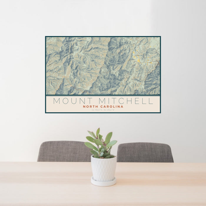 24x36 Mount Mitchell North Carolina Map Print Lanscape Orientation in Woodblock Style Behind 2 Chairs Table and Potted Plant