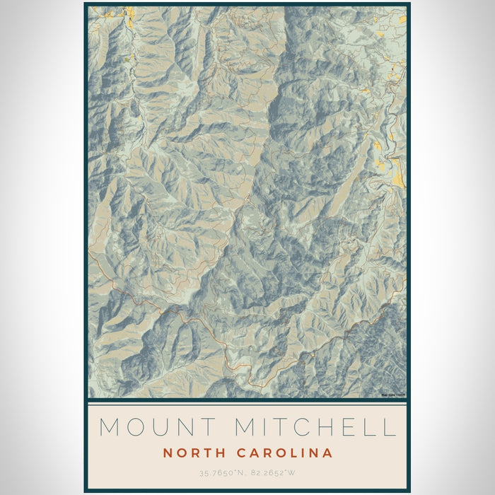 Mount Mitchell North Carolina Map Print Portrait Orientation in Woodblock Style With Shaded Background
