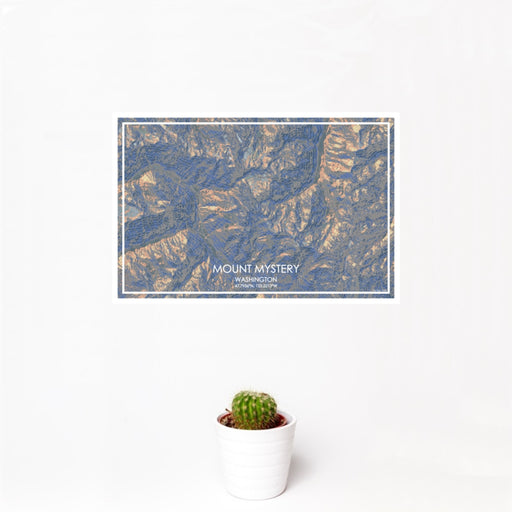 12x18 Mount Mystery Washington Map Print Landscape Orientation in Afternoon Style With Small Cactus Plant in White Planter