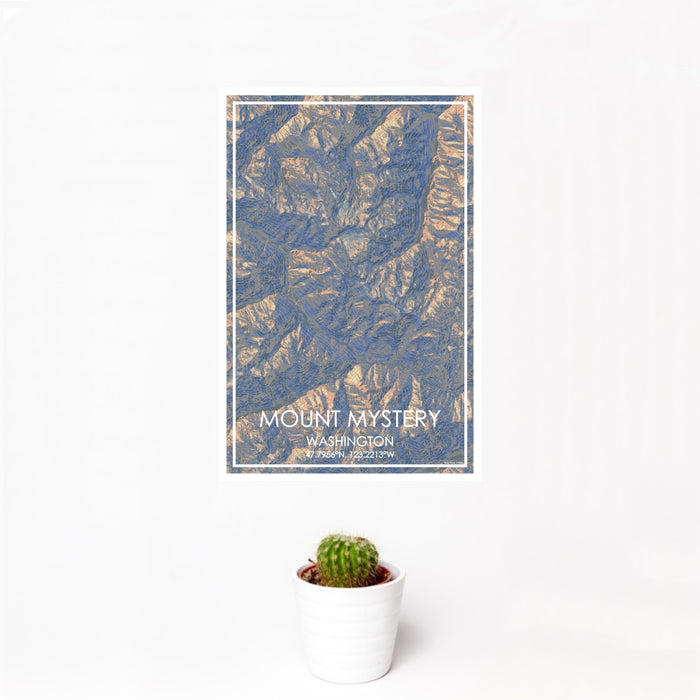 12x18 Mount Mystery Washington Map Print Portrait Orientation in Afternoon Style With Small Cactus Plant in White Planter