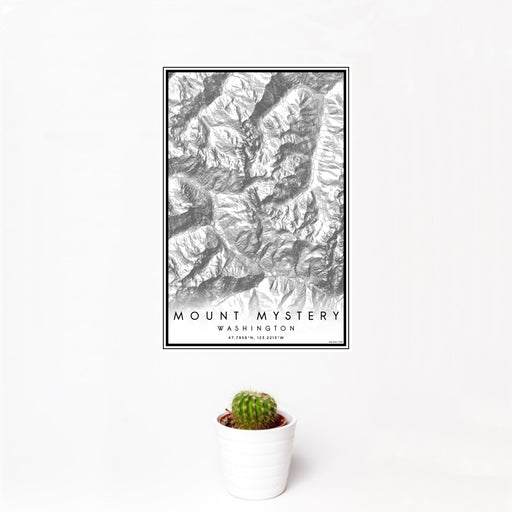 12x18 Mount Mystery Washington Map Print Portrait Orientation in Classic Style With Small Cactus Plant in White Planter