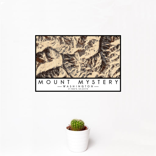 12x18 Mount Mystery Washington Map Print Landscape Orientation in Ember Style With Small Cactus Plant in White Planter