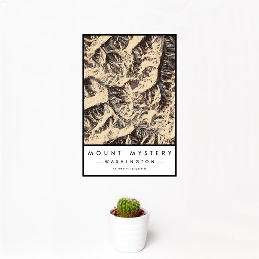 12x18 Mount Mystery Washington Map Print Portrait Orientation in Ember Style With Small Cactus Plant in White Planter