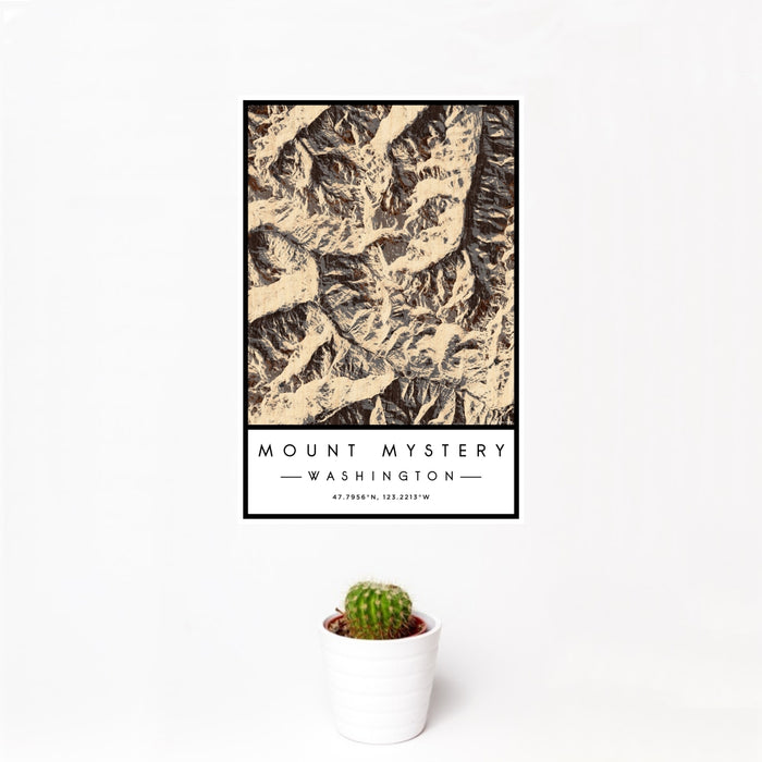 12x18 Mount Mystery Washington Map Print Portrait Orientation in Ember Style With Small Cactus Plant in White Planter