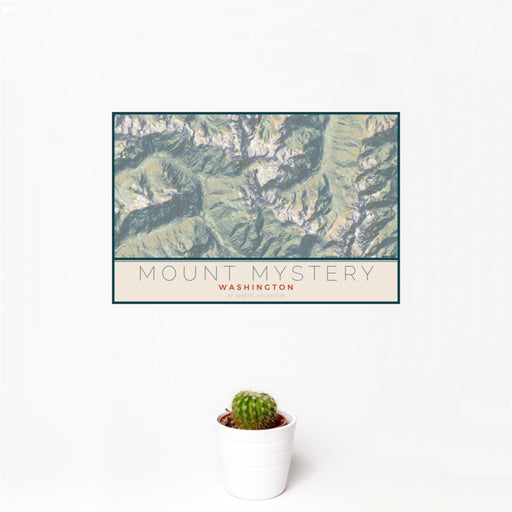 12x18 Mount Mystery Washington Map Print Landscape Orientation in Woodblock Style With Small Cactus Plant in White Planter