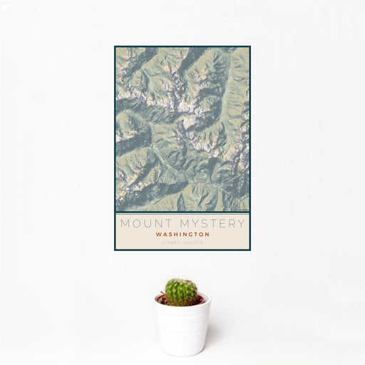 12x18 Mount Mystery Washington Map Print Portrait Orientation in Woodblock Style With Small Cactus Plant in White Planter