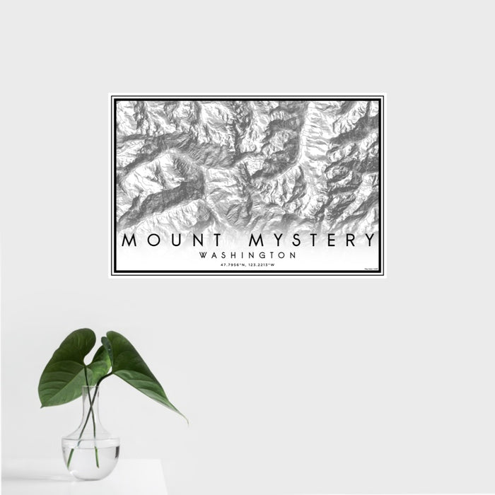 16x24 Mount Mystery Washington Map Print Landscape Orientation in Classic Style With Tropical Plant Leaves in Water