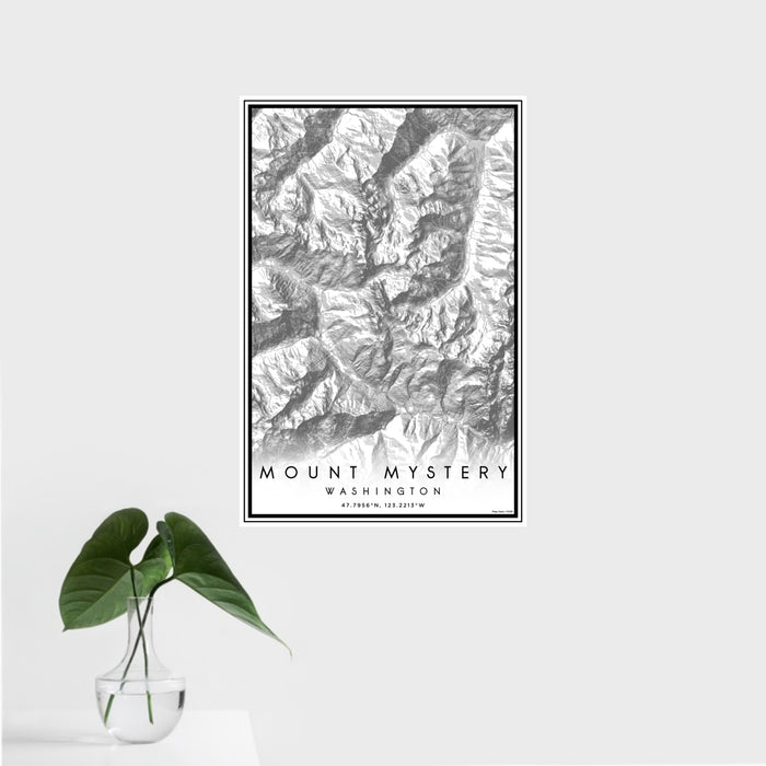 16x24 Mount Mystery Washington Map Print Portrait Orientation in Classic Style With Tropical Plant Leaves in Water