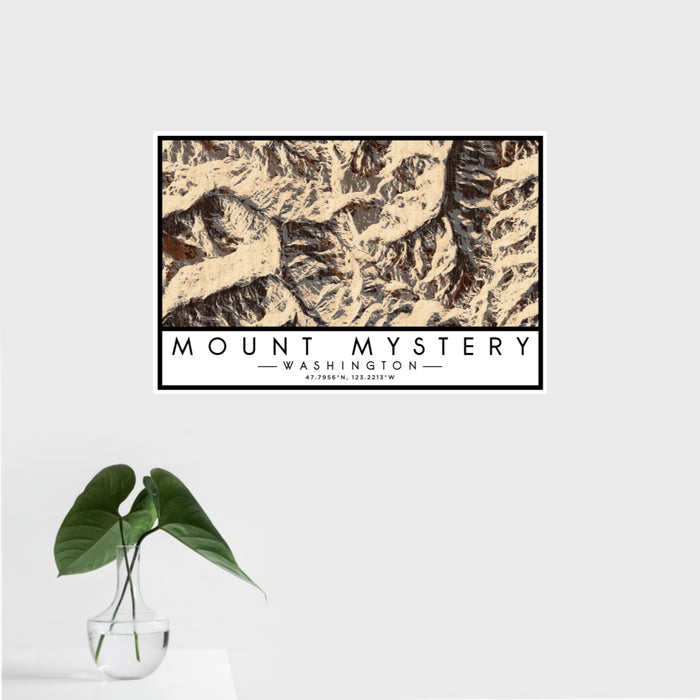 16x24 Mount Mystery Washington Map Print Landscape Orientation in Ember Style With Tropical Plant Leaves in Water
