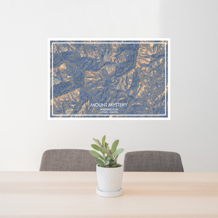 24x36 Mount Mystery Washington Map Print Lanscape Orientation in Afternoon Style Behind 2 Chairs Table and Potted Plant