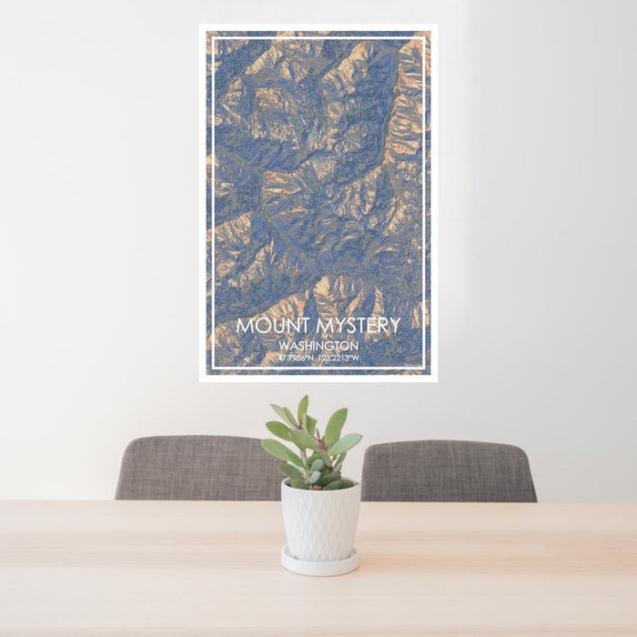 24x36 Mount Mystery Washington Map Print Portrait Orientation in Afternoon Style Behind 2 Chairs Table and Potted Plant