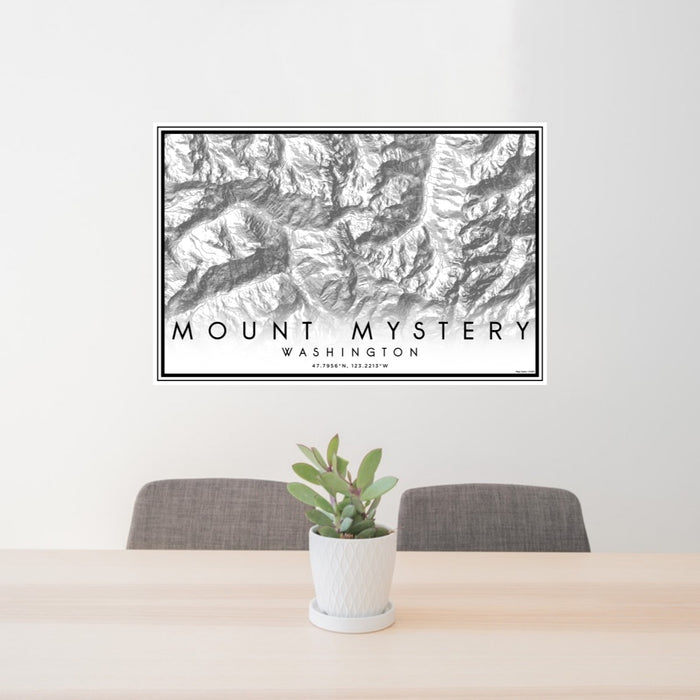 24x36 Mount Mystery Washington Map Print Lanscape Orientation in Classic Style Behind 2 Chairs Table and Potted Plant