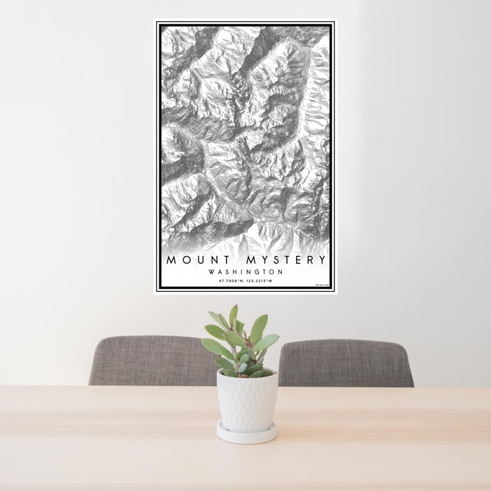 24x36 Mount Mystery Washington Map Print Portrait Orientation in Classic Style Behind 2 Chairs Table and Potted Plant