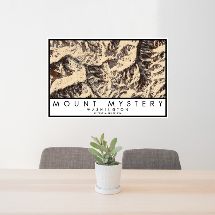 24x36 Mount Mystery Washington Map Print Lanscape Orientation in Ember Style Behind 2 Chairs Table and Potted Plant