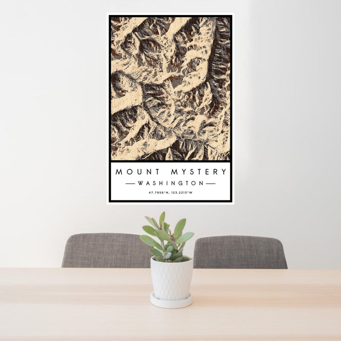 24x36 Mount Mystery Washington Map Print Portrait Orientation in Ember Style Behind 2 Chairs Table and Potted Plant