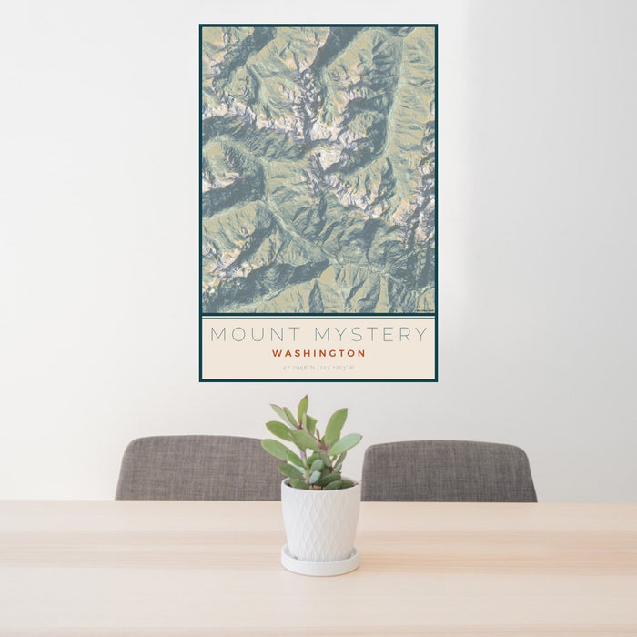 24x36 Mount Mystery Washington Map Print Portrait Orientation in Woodblock Style Behind 2 Chairs Table and Potted Plant