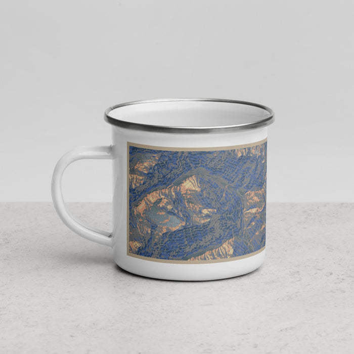 Left View Custom Mount Mystery Washington Map Enamel Mug in Afternoon