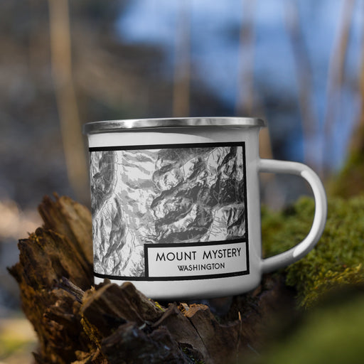 Right View Custom Mount Mystery Washington Map Enamel Mug in Classic on Grass With Trees in Background