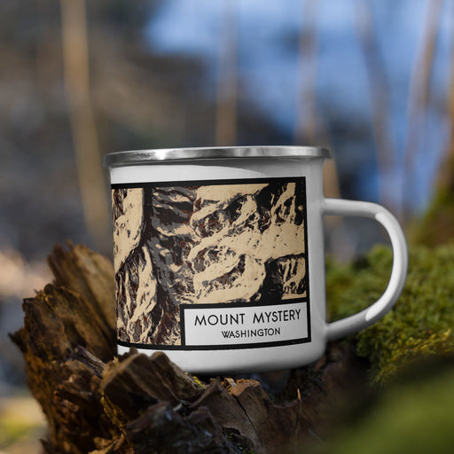 Right View Custom Mount Mystery Washington Map Enamel Mug in Ember on Grass With Trees in Background
