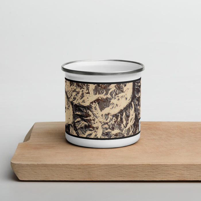 Front View Custom Mount Mystery Washington Map Enamel Mug in Ember on Cutting Board