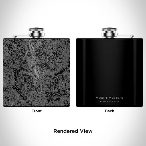 Rendered View of Mount Mystery Washington Map Engraving on 6oz Stainless Steel Flask in Black