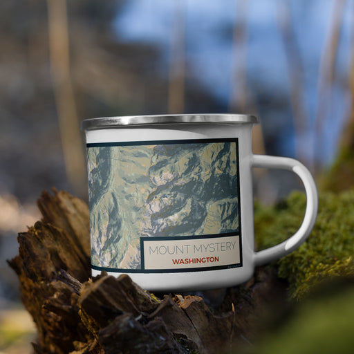 Right View Custom Mount Mystery Washington Map Enamel Mug in Woodblock on Grass With Trees in Background