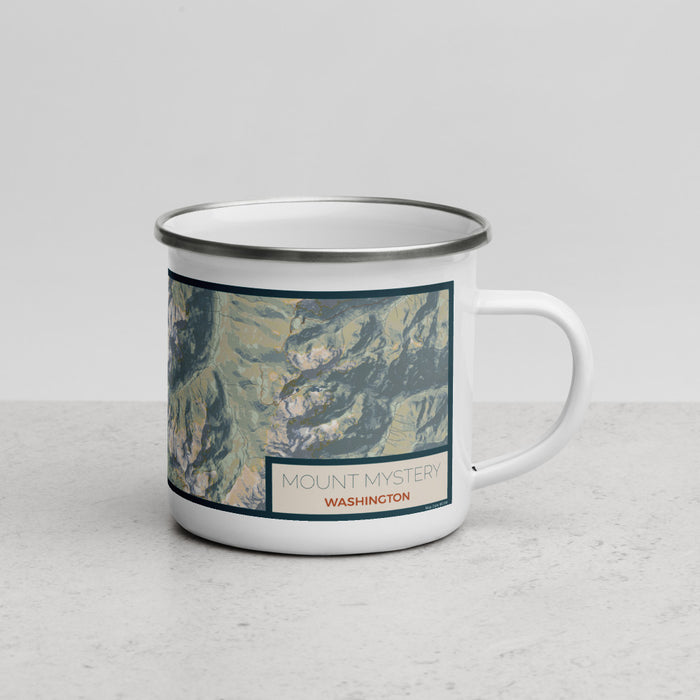 Right View Custom Mount Mystery Washington Map Enamel Mug in Woodblock