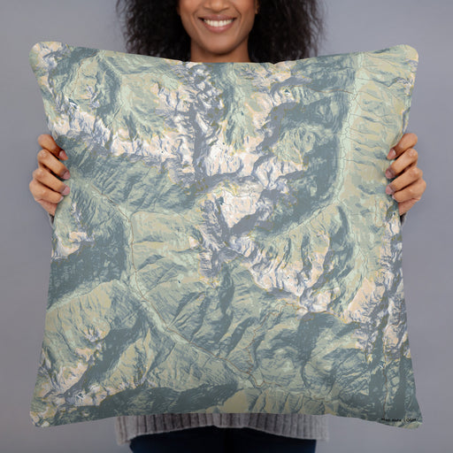 Person holding 22x22 Custom Mount Mystery Washington Map Throw Pillow in Woodblock