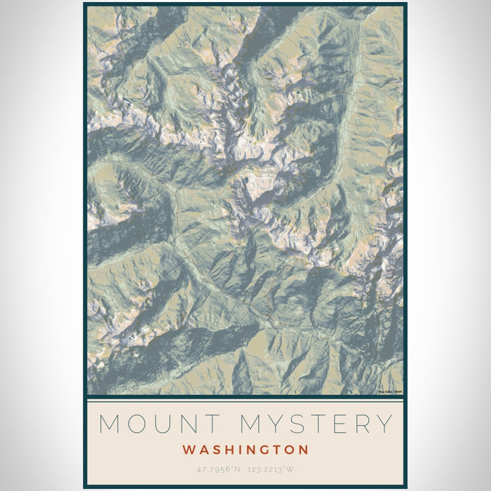 Mount Mystery Washington Map Print Portrait Orientation in Woodblock Style With Shaded Background