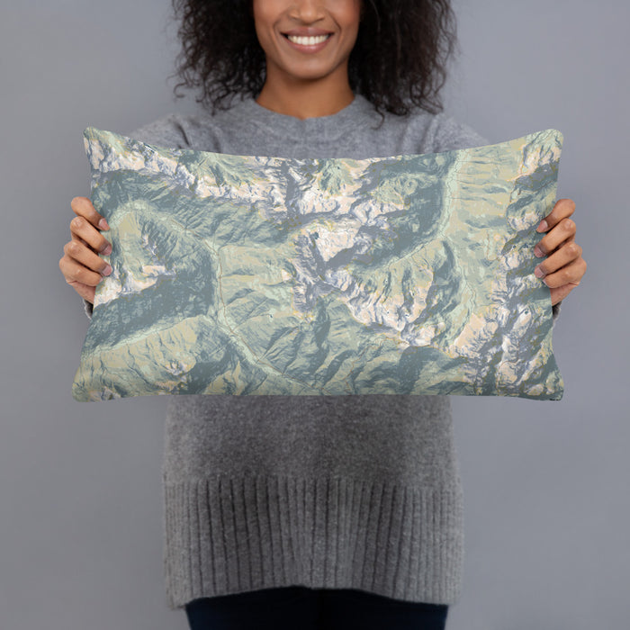 Person holding 20x12 Custom Mount Mystery Washington Map Throw Pillow in Woodblock