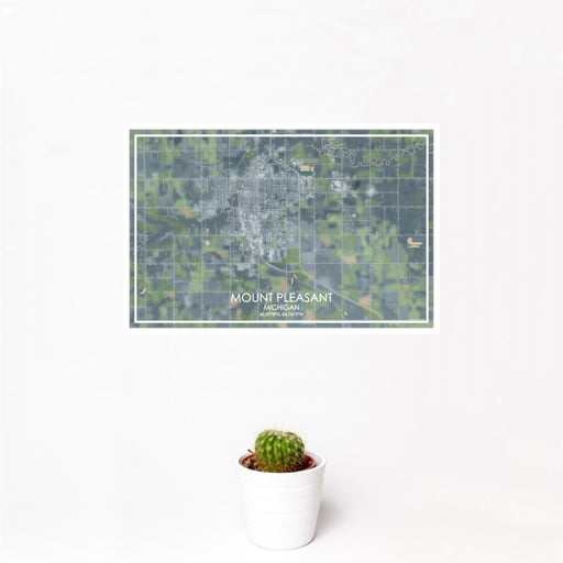 12x18 Mount Pleasant Michigan Map Print Landscape Orientation in Afternoon Style With Small Cactus Plant in White Planter