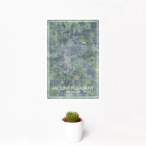 12x18 Mount Pleasant Michigan Map Print Portrait Orientation in Afternoon Style With Small Cactus Plant in White Planter