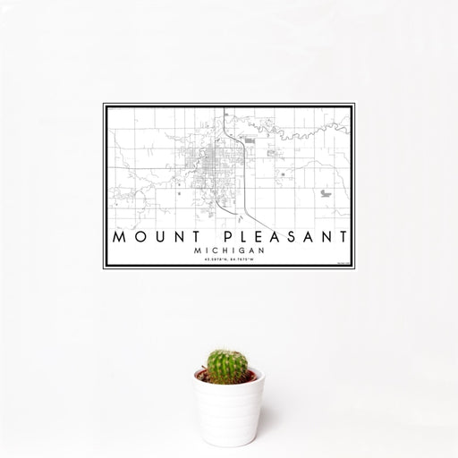 12x18 Mount Pleasant Michigan Map Print Landscape Orientation in Classic Style With Small Cactus Plant in White Planter