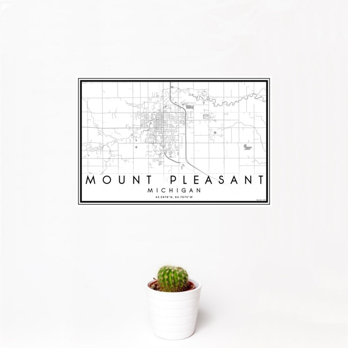 12x18 Mount Pleasant Michigan Map Print Landscape Orientation in Classic Style With Small Cactus Plant in White Planter