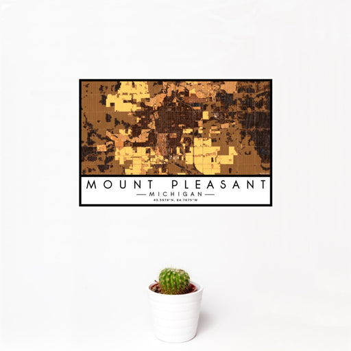 12x18 Mount Pleasant Michigan Map Print Landscape Orientation in Ember Style With Small Cactus Plant in White Planter