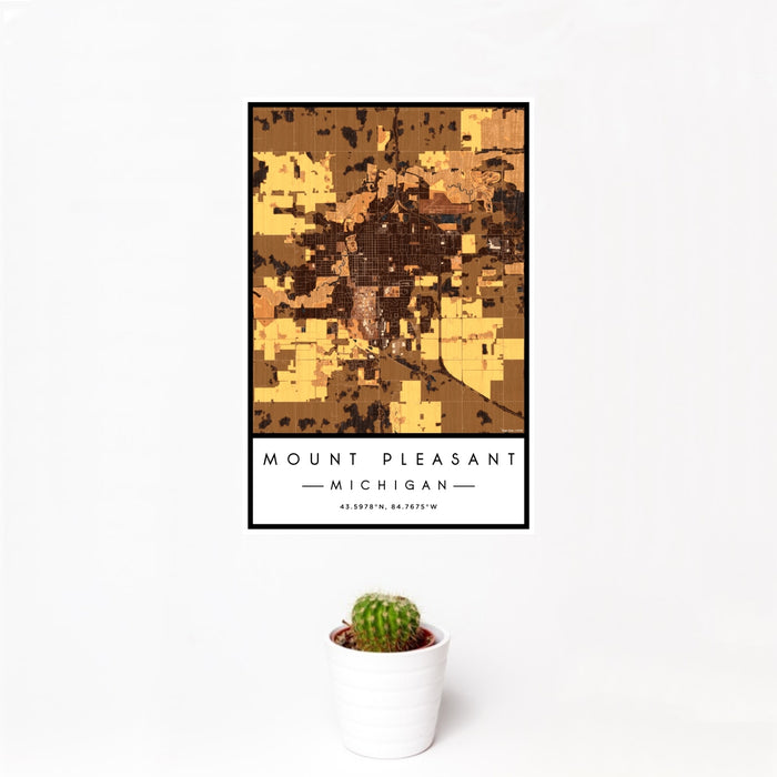 12x18 Mount Pleasant Michigan Map Print Portrait Orientation in Ember Style With Small Cactus Plant in White Planter